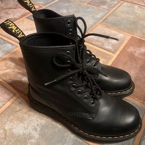 Dr. Martens Black Leather Lace-Up Boots with Yellow Welt Stitching